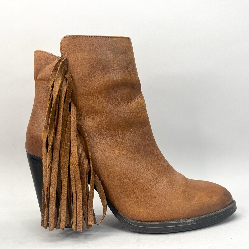 Steve Madden Womens 9 Woodstock Boots Brown Leather Fringe Boho Bootie Heel Shoe